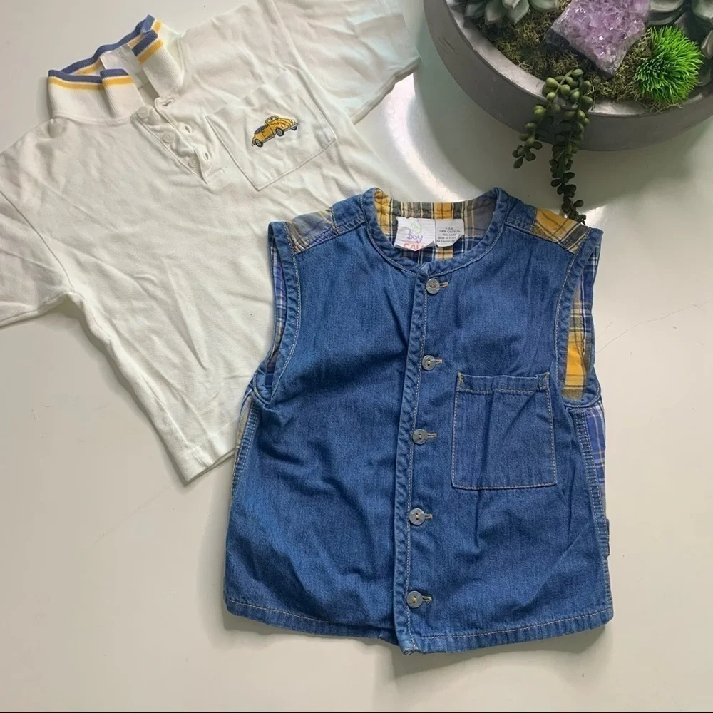 Vintage My Boy Sam classic Car Polo shirt & Matching Denim vest toddler 2T